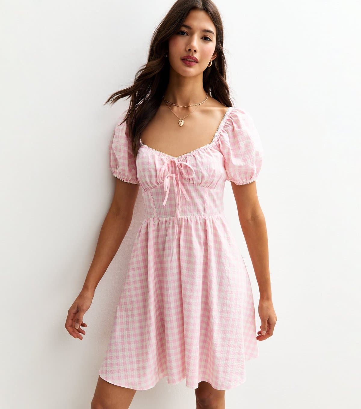 New Look Women's Pink Gingham Puff Sleeve Mini Dress New Look