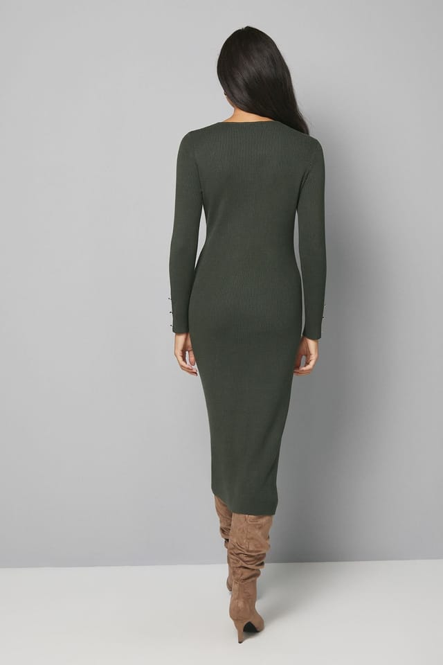 Wallis Wallis Women's Colour Block Asymmetric Knitted Dress in Dark Green - 3
