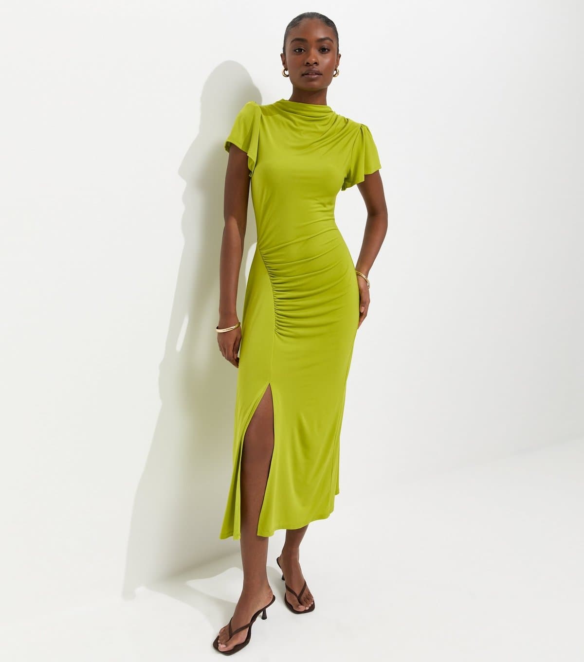 New Look Women's Bright Green Ruched Short Sleeve Midi Dress New Look