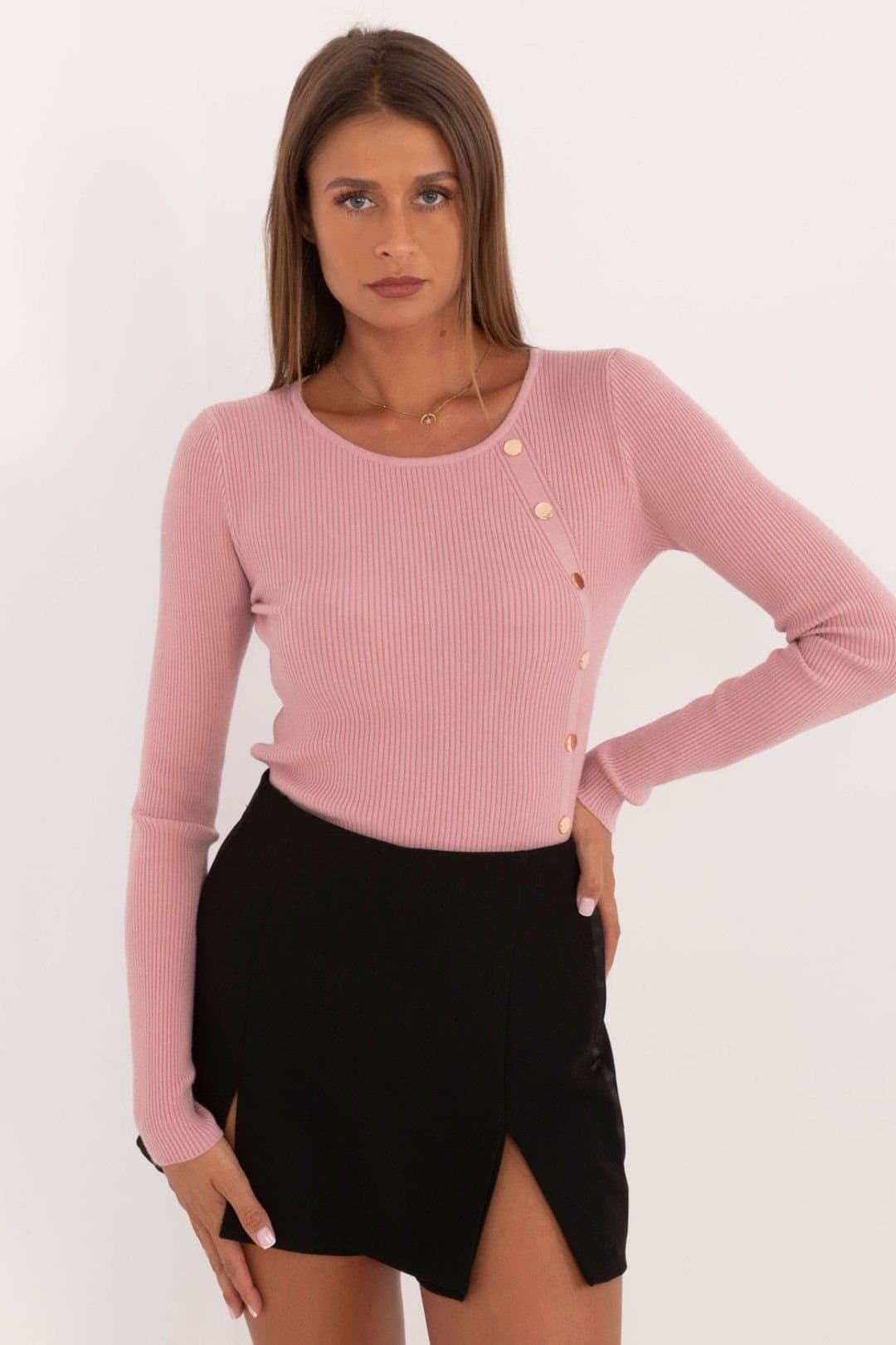 Love Lace Love Lace Women's Ribbed Viscose Blend Button Front Sweater in Pink