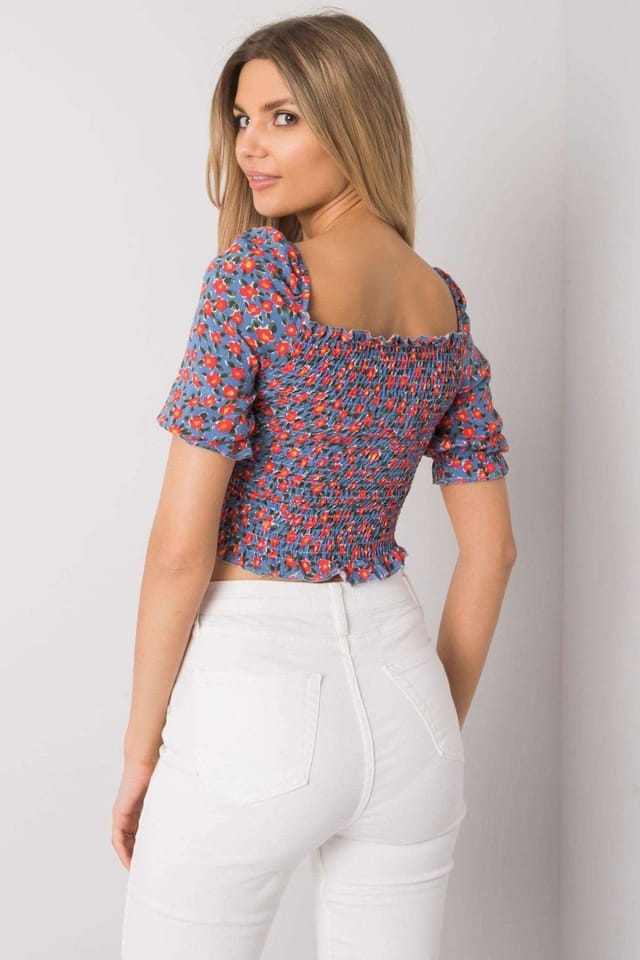 Love Lace Love Lace Women's Short Fitted V Neck Blouse with Creases in Blue - 3