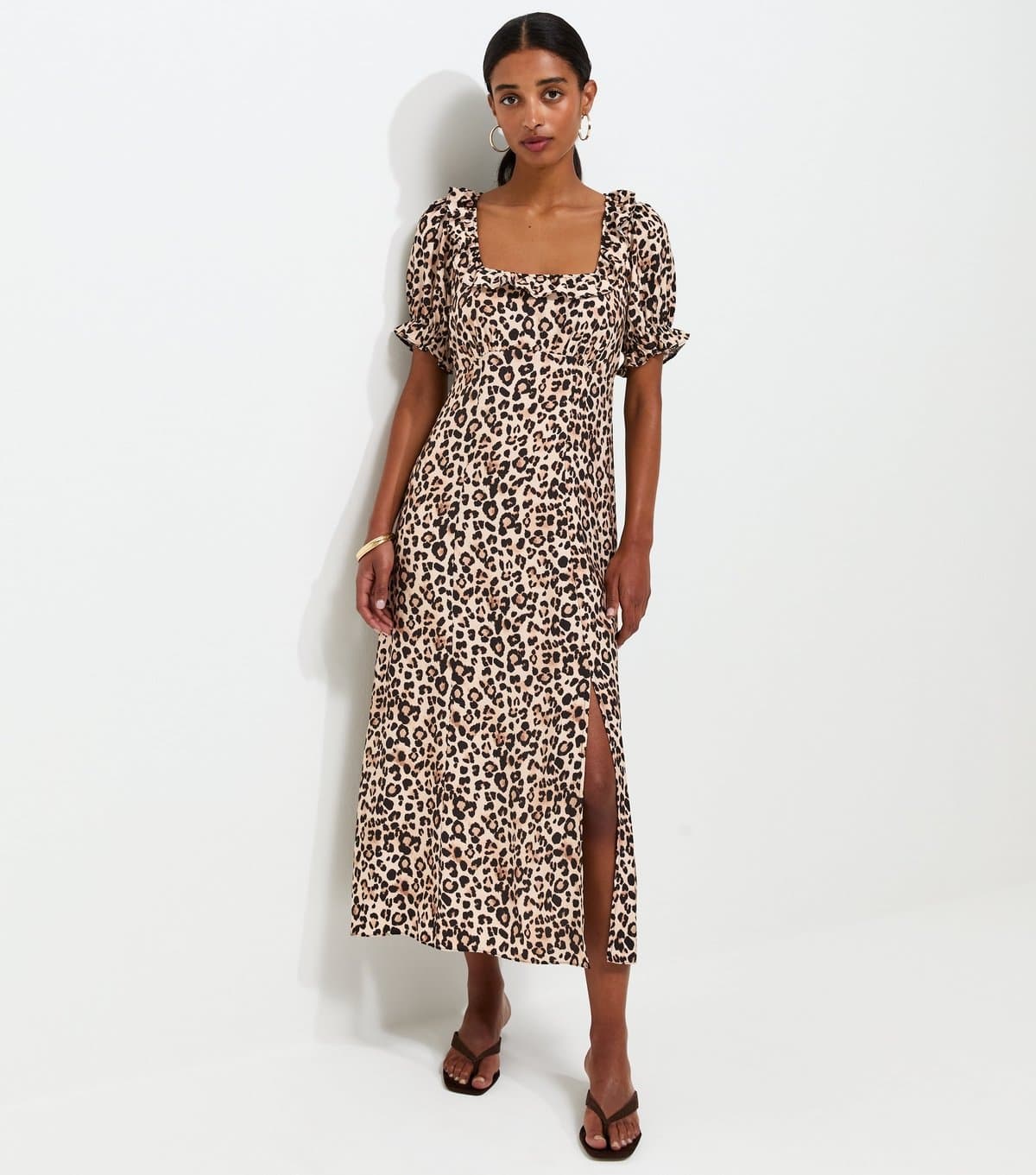 New Look Women's Brown Animal Print Square Neck Midi Tea Dress New Look
