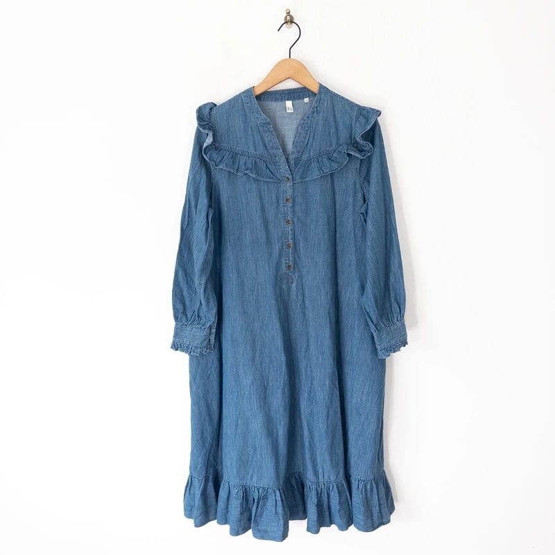 John Lewis John Lewis Fifi Ruffle Denim Dress Size 12 AND/OR Blue Cotton Smock Midi RRP £79 - 1