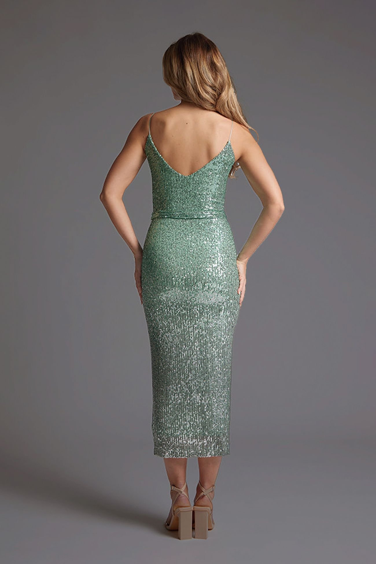 Vesper Vesper Women's Strappy Sequin Midaxi Dress with Thigh Split in Mint - 4