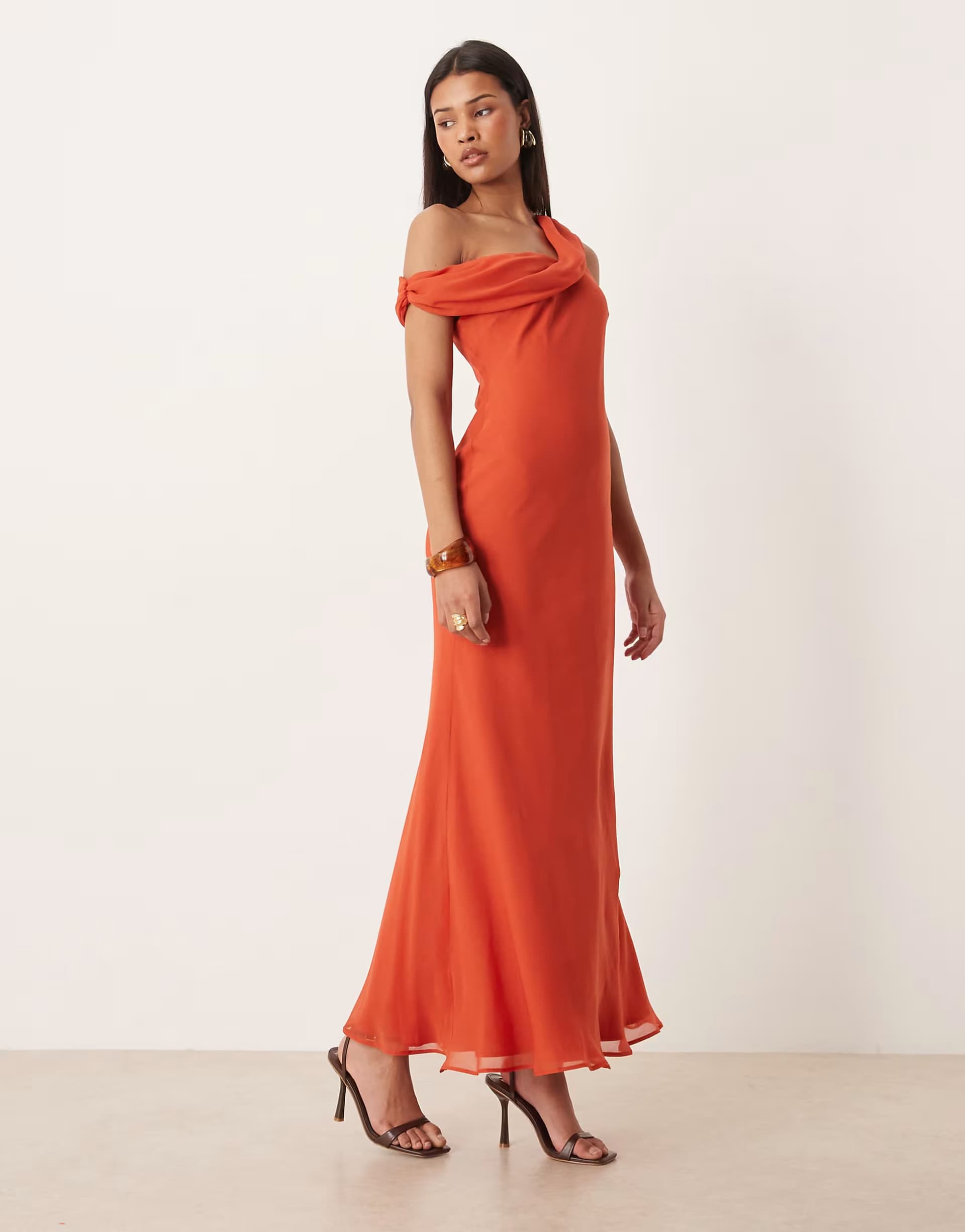 ASOS ASOS DESIGN fallen twist shoulder chiffon maxi dress in bright rust