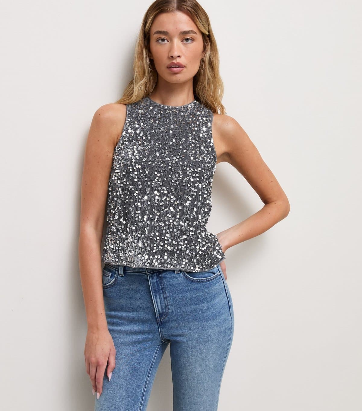 New Look Women's Tall Silver Sequin Sleeveless Top New Look