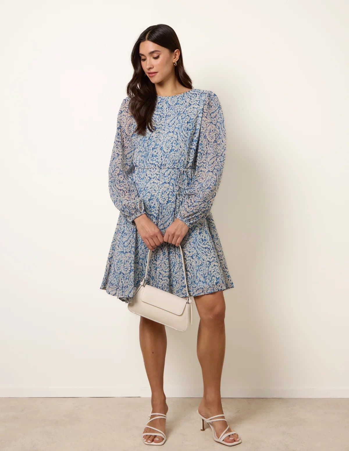 Blue Vanilla Puff Sleeve Godet Dress With Self Tie