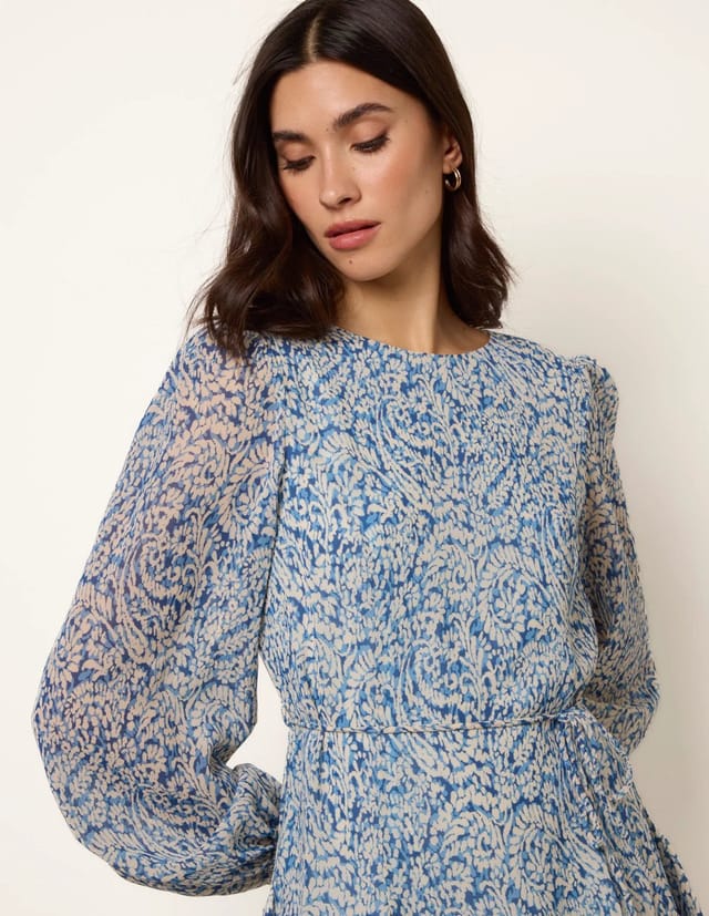 Blue Vanilla Puff Sleeve Godet Dress With Self Tie - 2