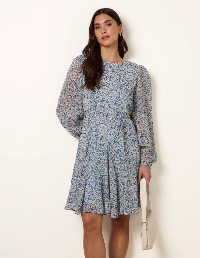 Blue Vanilla Puff Sleeve Godet Dress With Self Tie - 3