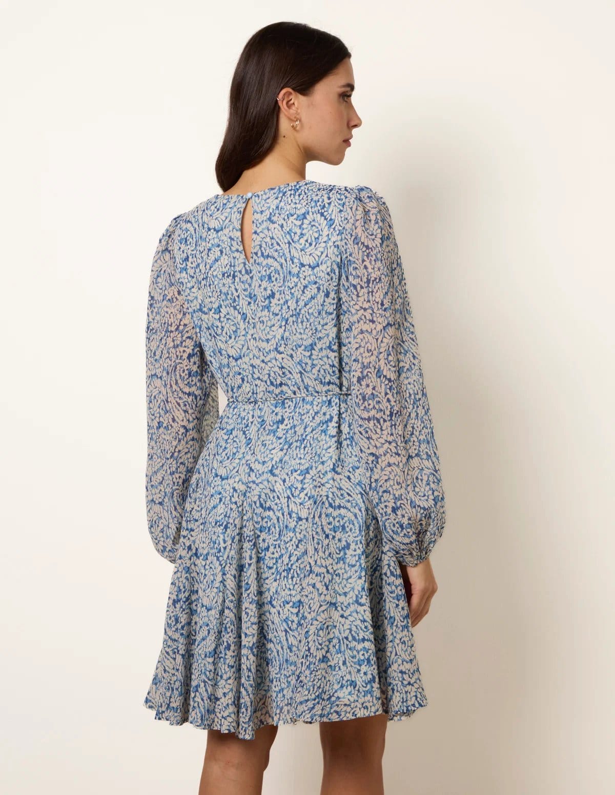 Blue Vanilla Puff Sleeve Godet Dress With Self Tie - 4