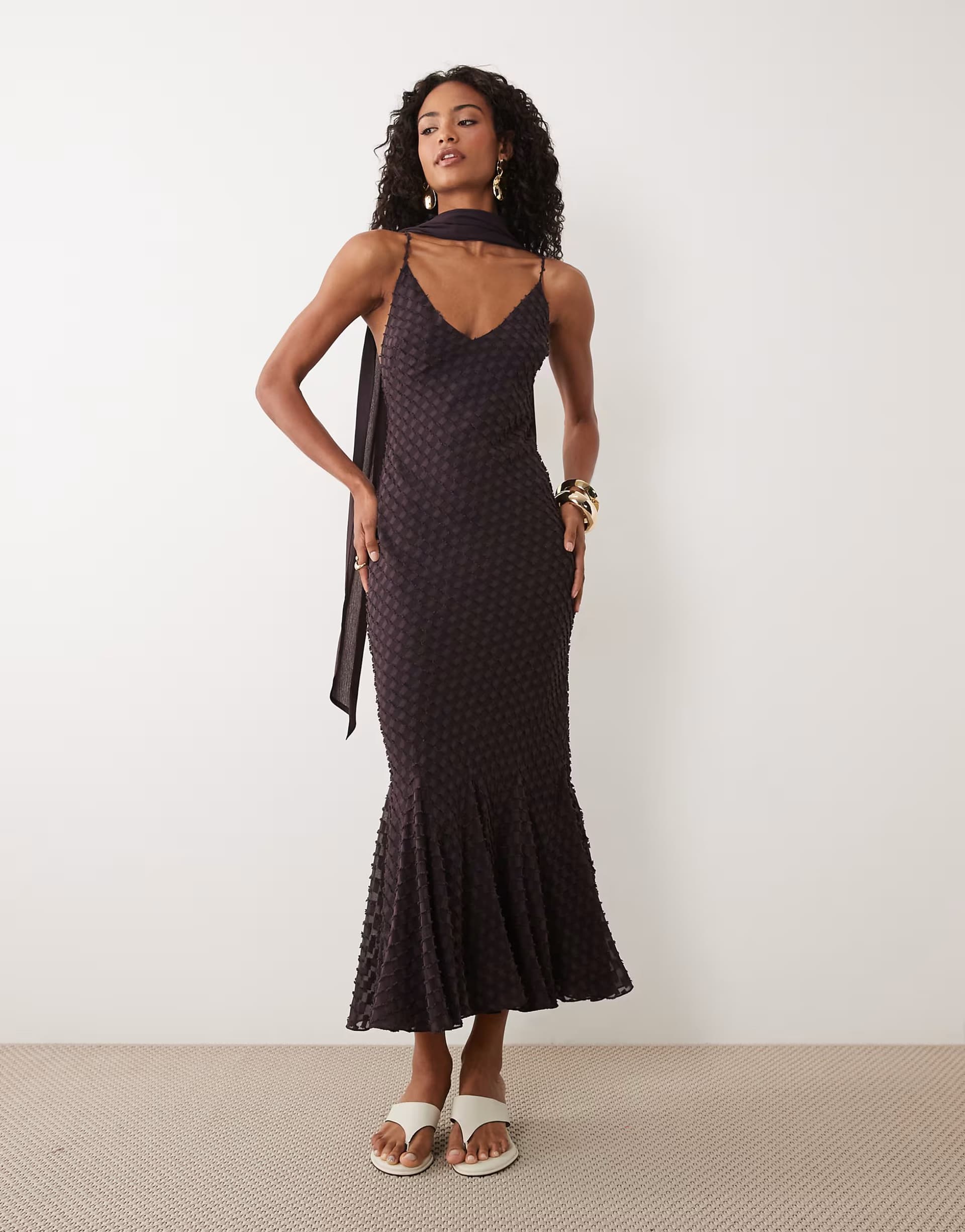 ASOS ASOS DESIGN bias plunge cami dress with full godets and scarf detail in chocolate