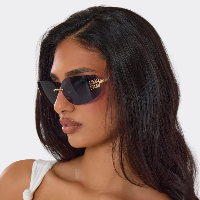 EGO Side Logo Blue Tinted Lense Frameless Sunglasses In Gold, Women's Size UK 0 - 1
