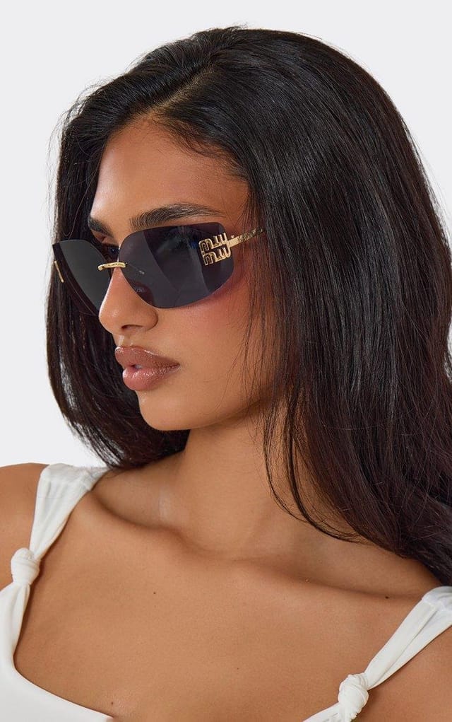 EGO Side Logo Blue Tinted Lense Frameless Sunglasses In Gold, Women's Size UK 0 - 2