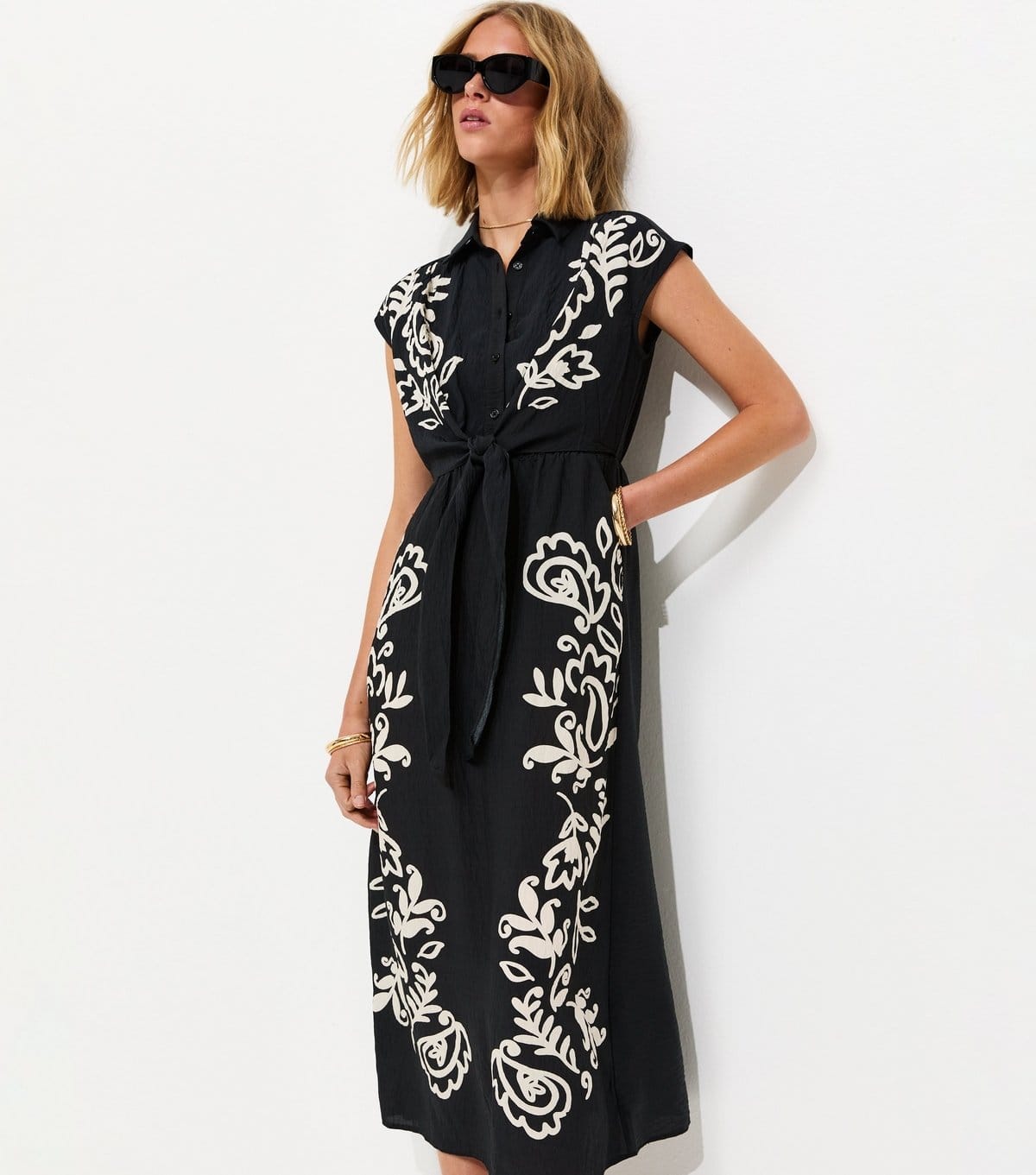 New Look Black Folk Paisley Shirt Midi Dress