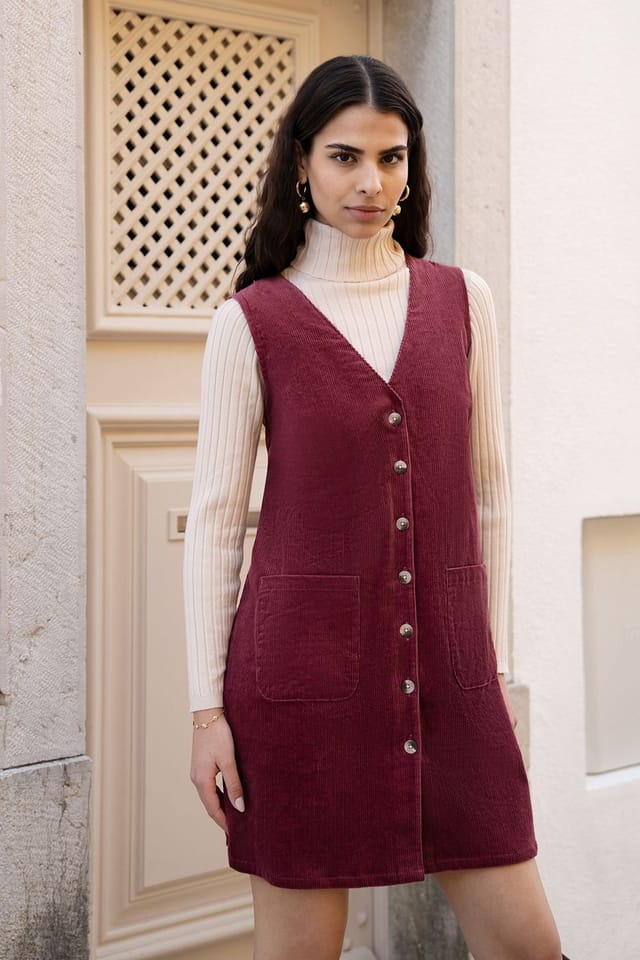 Yumi Yumi Women's Burgundy Cord Button Through Pinafore Dress With Pockets - 2
