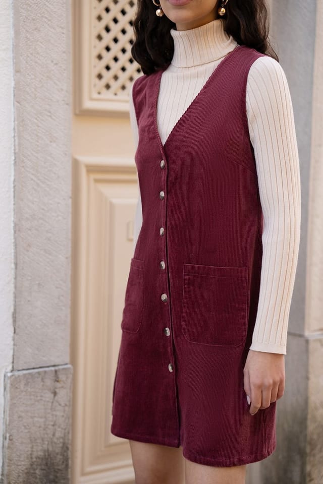 Yumi Yumi Women's Burgundy Cord Button Through Pinafore Dress With Pockets - 3