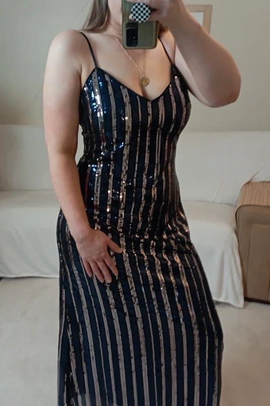 Anthropologie Maeve @ Anthropologie | Navy silver black stripe strappy midaxi sequin dress UK M 10-14 BNWT £148