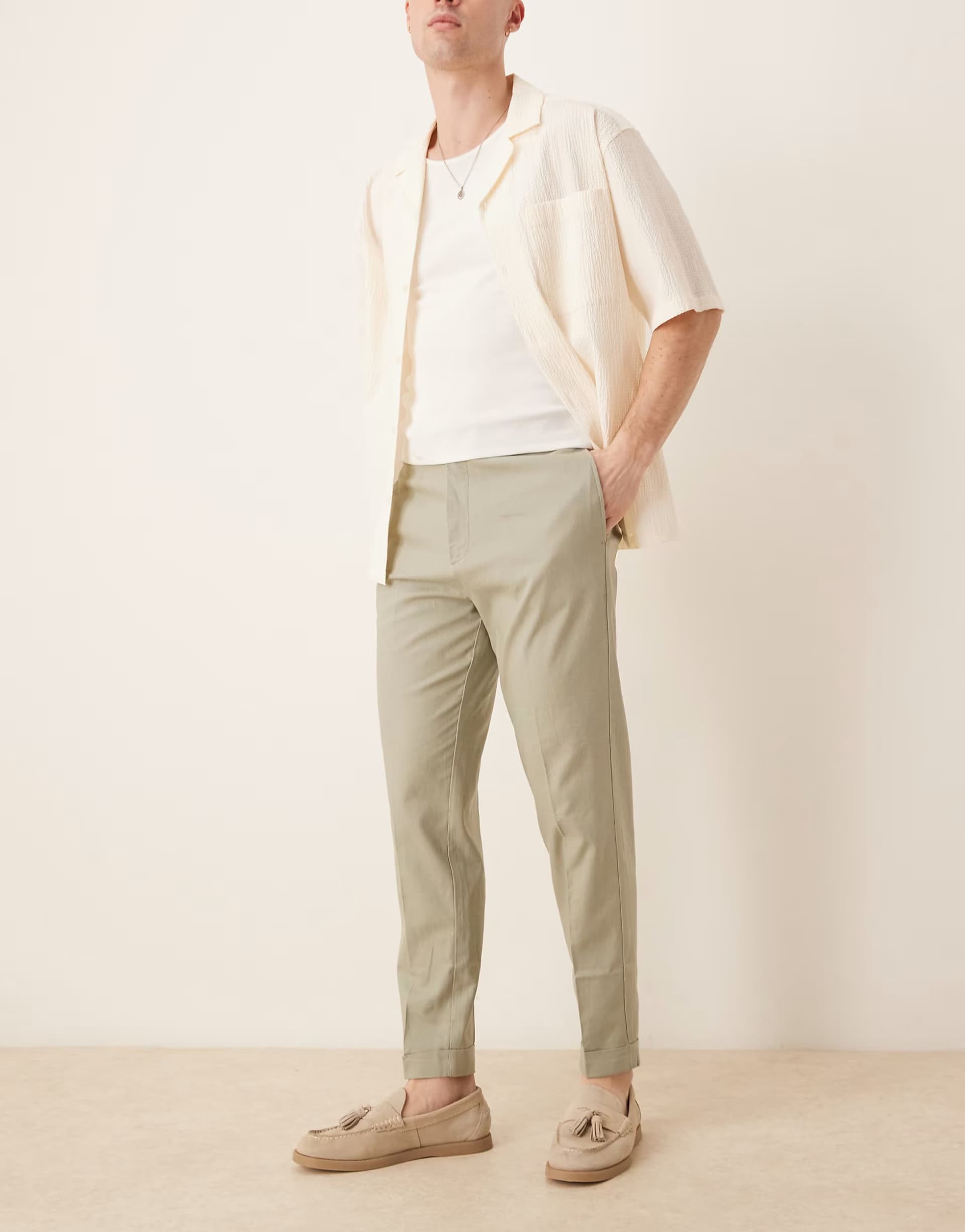 ASOS ASOS Smart Tapered Linen Blend Trousers in Sage Green