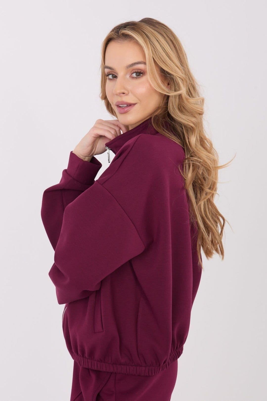 Love Lace Love Lace Women's Casual Zip Neck Stand Collar Blouse in Burgundy - 4