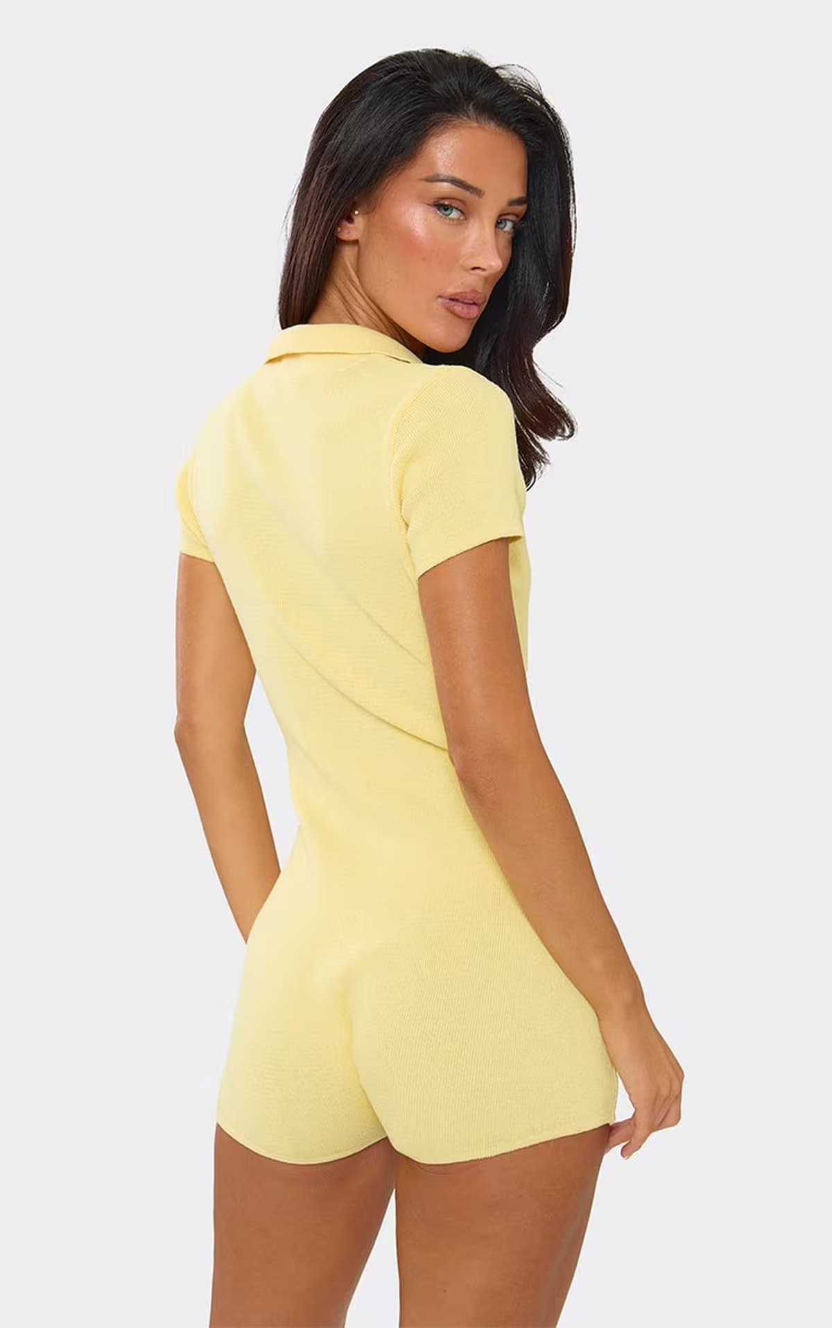 EGO Short Sleeve Button Down Collared Playsuit In Lemon Knit, Women's Size UK S