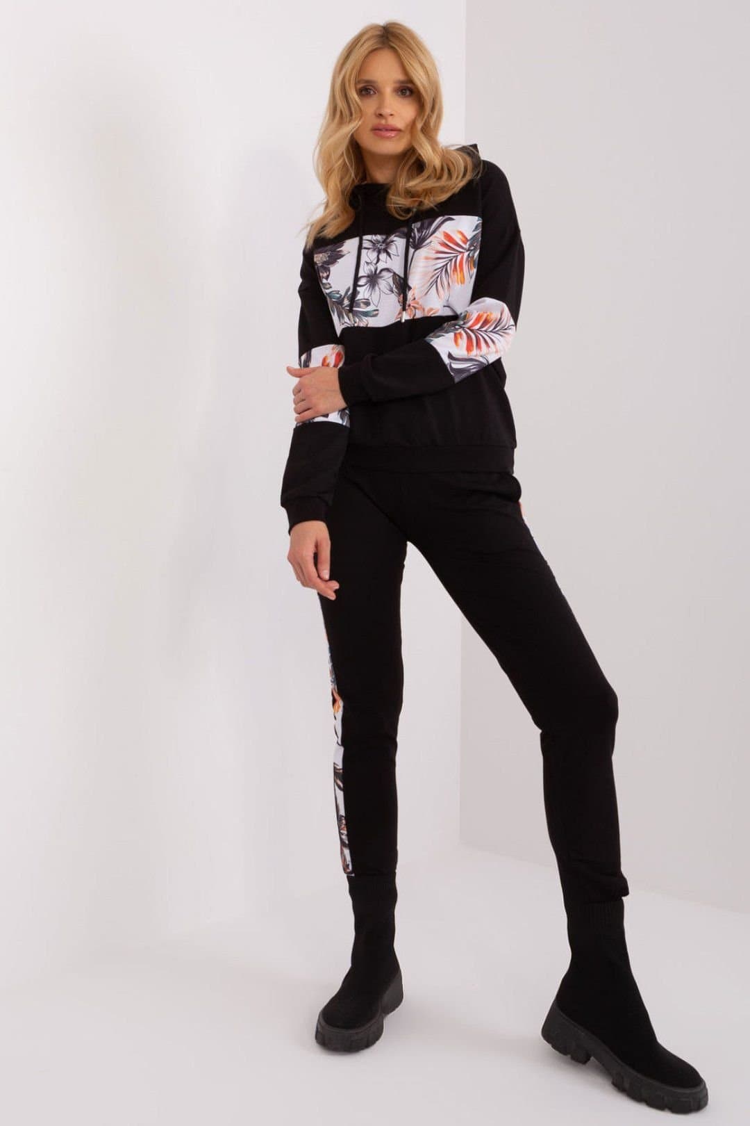 Love Lace Love Lace Women's Cotton Floral Insert Tracksuit Set Hoodie in Black