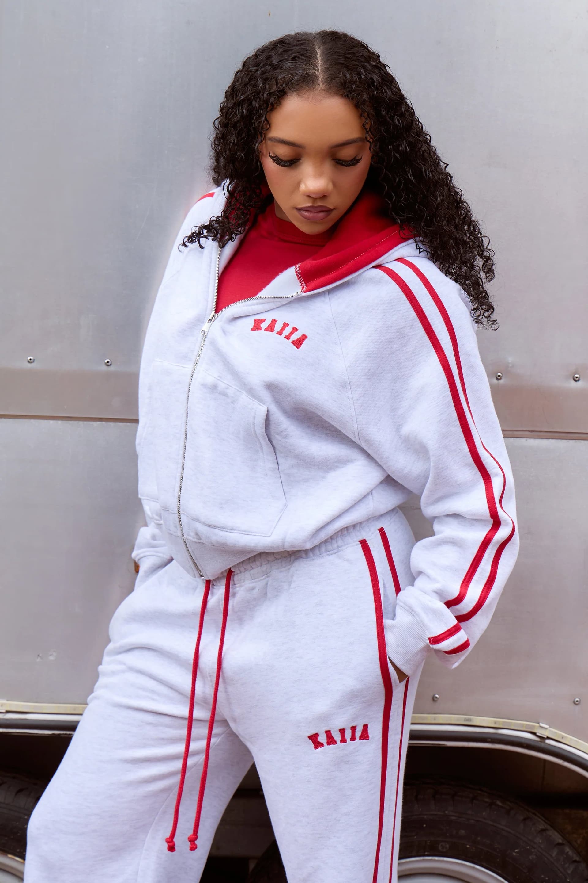 Kaiia Kaiia Sport Side Stripe Oversized Zip Through Hoodie Light Grey Marl & Sport Red