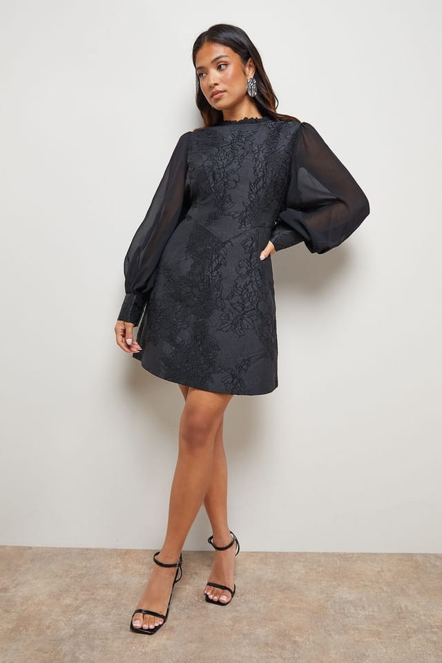 Oasis Oasis Women's Petite Structured Jacquard Fit & Flare Mini Dress With Chiffon Sleeve in Black - 2