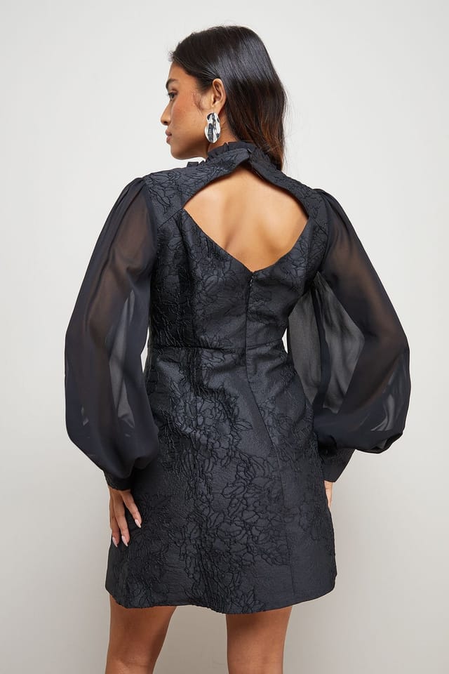 Oasis Oasis Women's Petite Structured Jacquard Fit & Flare Mini Dress With Chiffon Sleeve in Black - 3