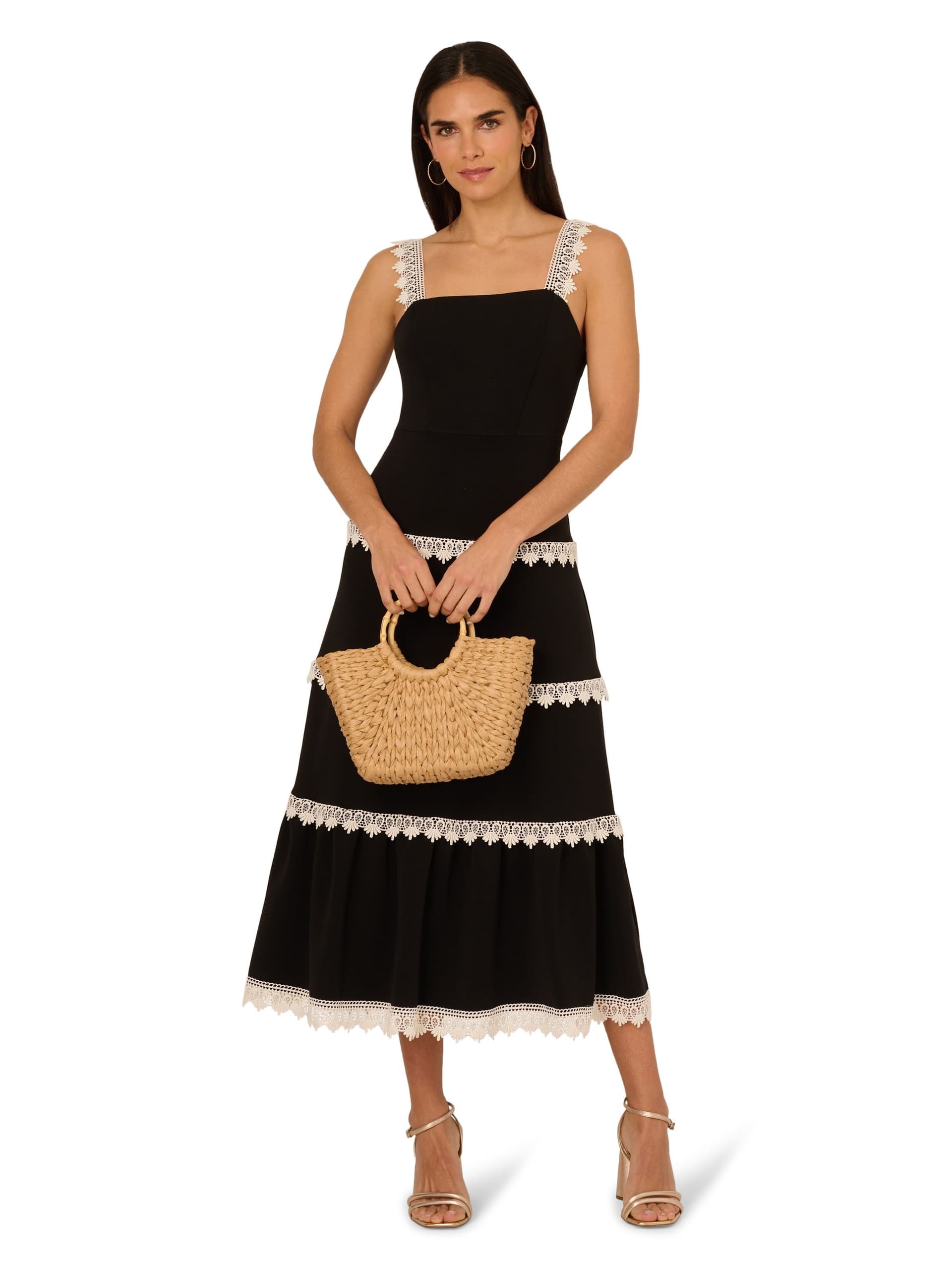 Adrianna by Adrianna Papell Adrianna by Adrianna Papell Women's Knit Crochet Trim Dress in Black