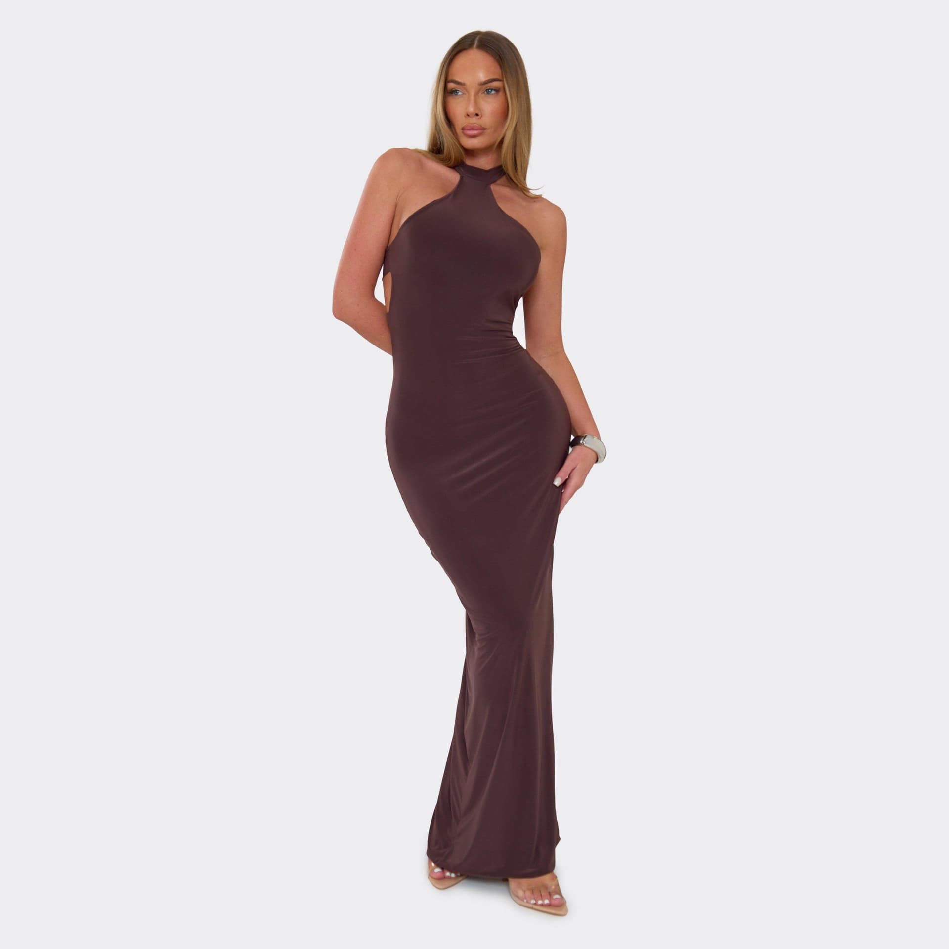 EGO Halterneck Cut Out Back Maxi Dress In Chocolate Brown Slinky., Women's Size UK 6