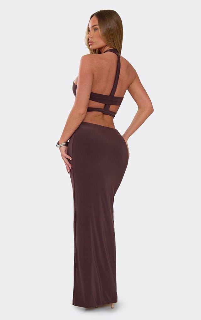 EGO Halterneck Cut Out Back Maxi Dress In Chocolate Brown Slinky., Women's Size UK 6 - 2