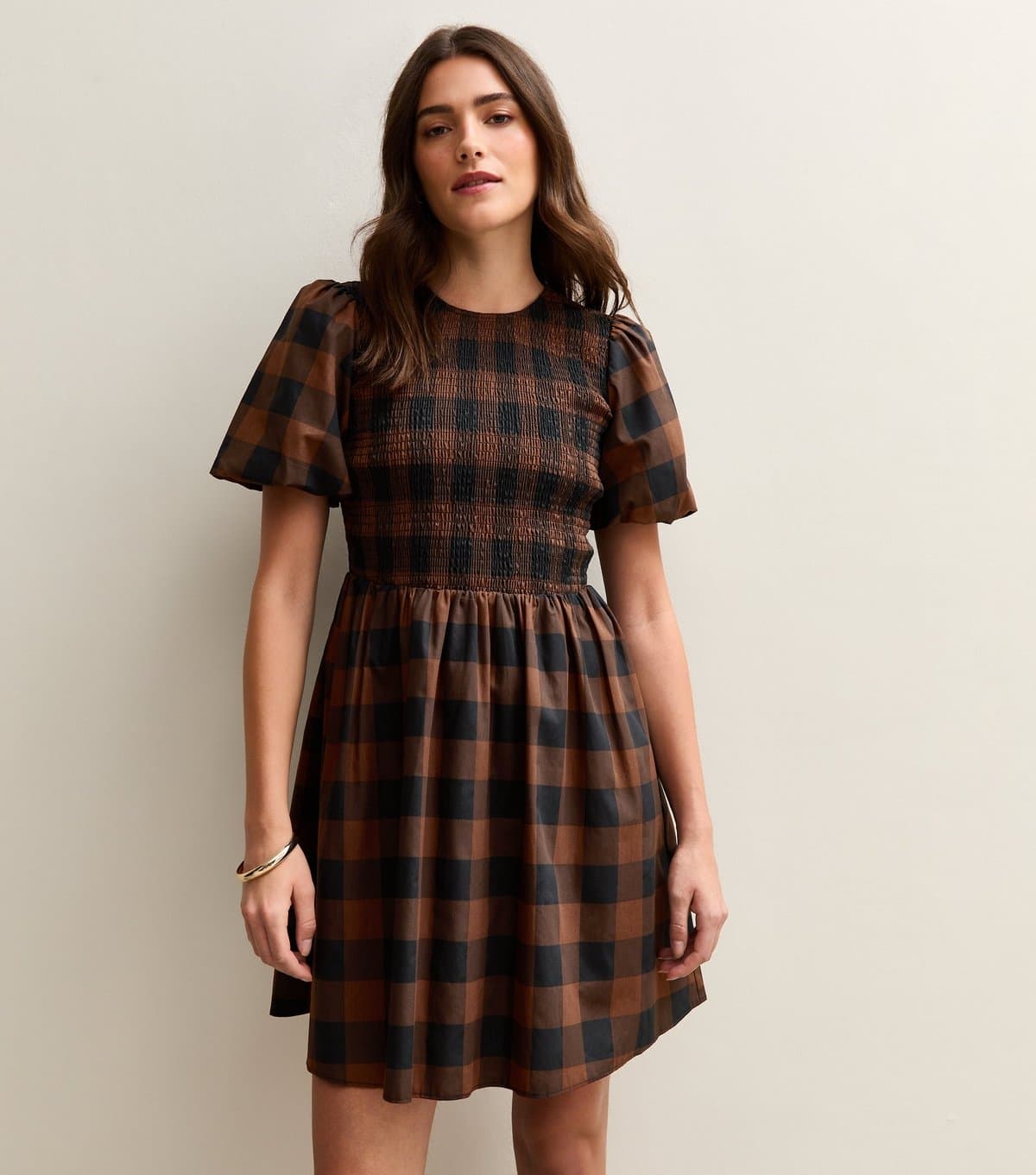 New Look Women's Brown Check Shirred Bodice Mini Dress New Look