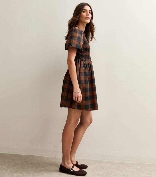New Look Women's Brown Check Shirred Bodice Mini Dress New Look - 2
