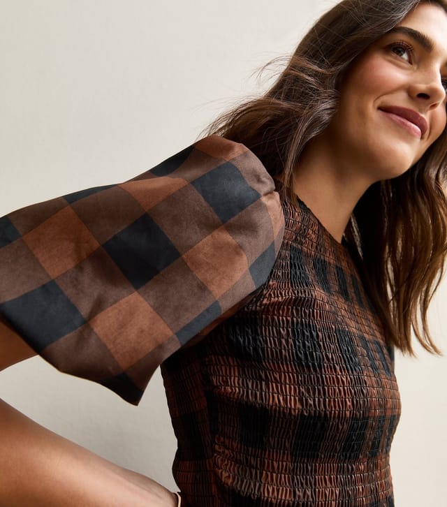 New Look Women's Brown Check Shirred Bodice Mini Dress New Look - 3