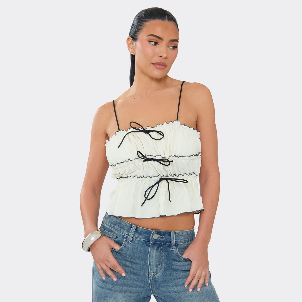 EGO Strappy Ruched Contrast Bow Detail Peplum Top In Cream., Women's Size UK 6 - 1