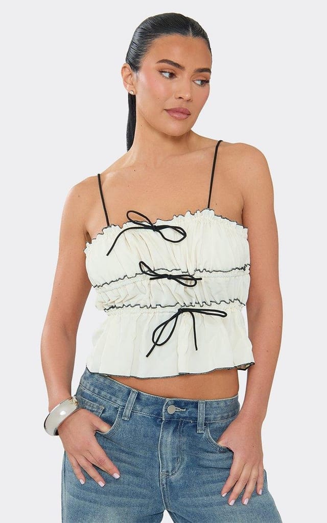 EGO Strappy Ruched Contrast Bow Detail Peplum Top In Cream., Women's Size UK 6 - 2