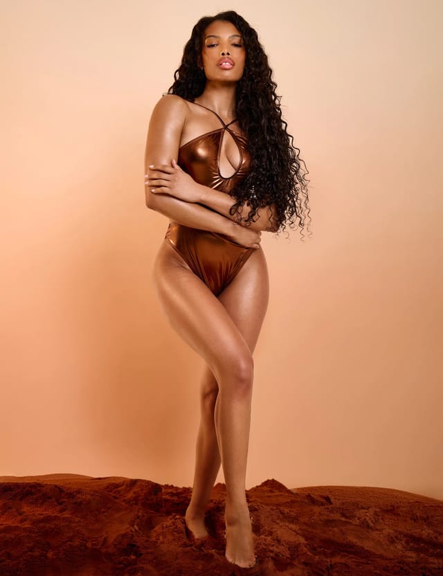 Public Desire Halter Neck Cut Out Swimsuit Chocolate Brown - 2