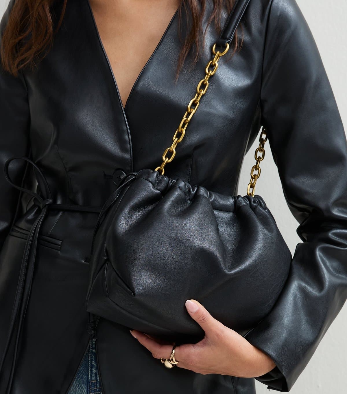 New Look Black Faux Leather Drawstring Chain Strap Crossbody Bag New Look