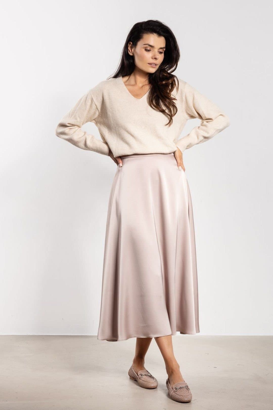 Love Lace Love Lace Beige Satin High Waist Midi Skirt