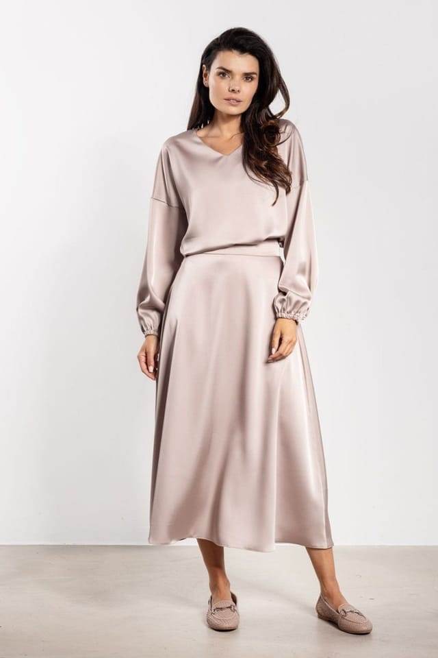 Love Lace Love Lace Women's High Waist Satin Flared Midi Skirt in Beige - 2