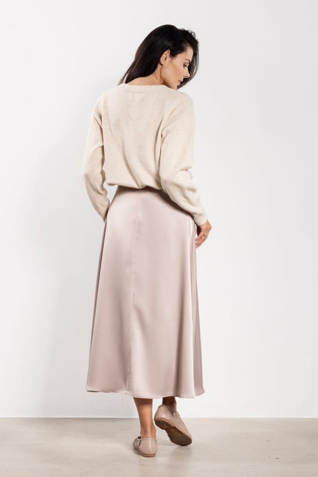 Love Lace Love Lace Women's High Waist Satin Flared Midi Skirt in Beige - 3