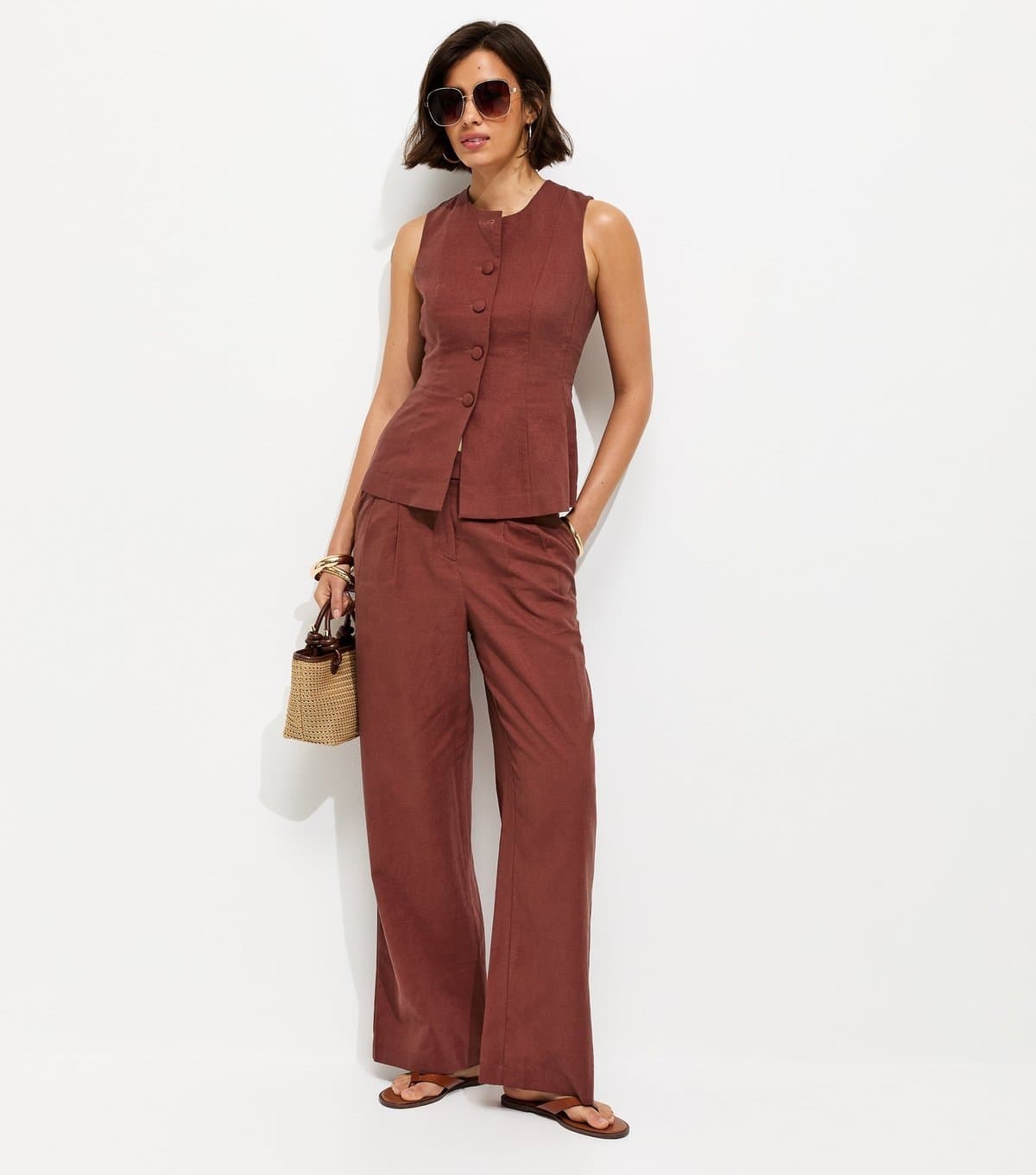 New Look New Look Dark Red Linen-Rich Tailored Wide-Leg Trousers