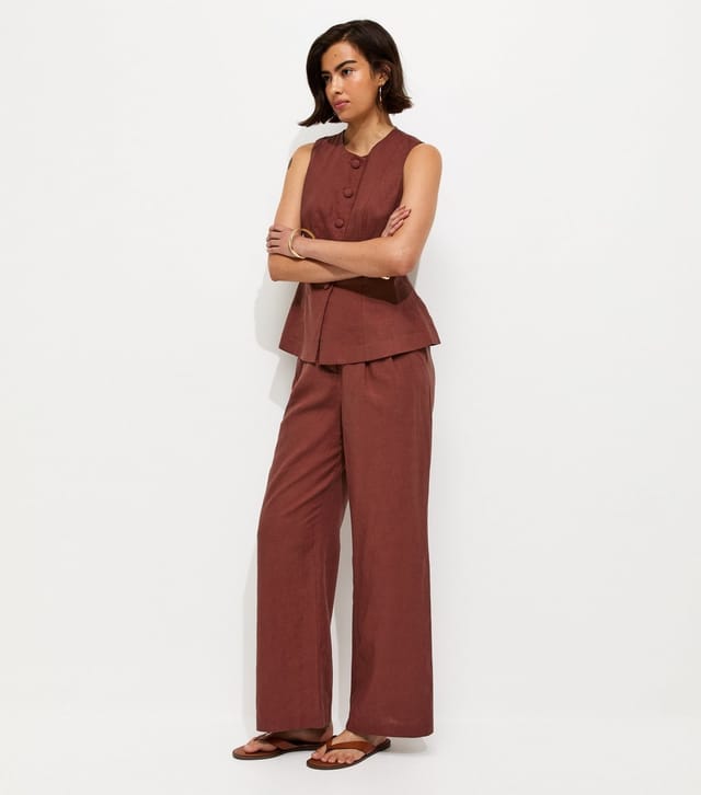 New Look Women's Dark Red Linen Rich Tailored Trousers New Look - 3