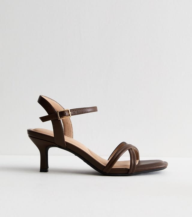 New Look Women's Brown Leather-Look Crossover-Strap Heeled Sandals Vegan New Look - 3