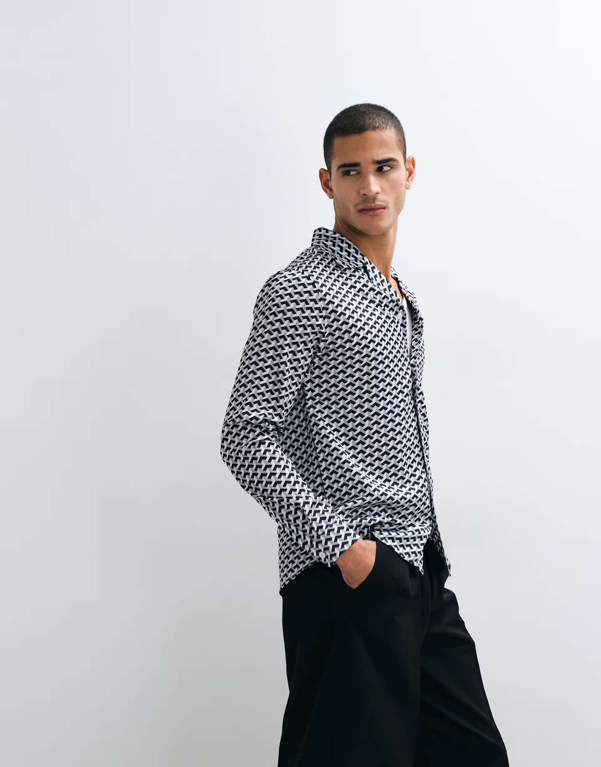 ASOS Belier revere collar long sleeve illusion print shirt in monochrome