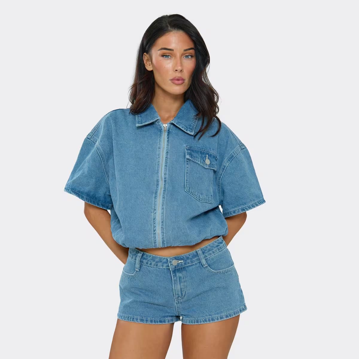 EGO Short Sleeve Cinched Waist Boxy Collared Jacket In Light Blue Denim, Women's Size UK 6
