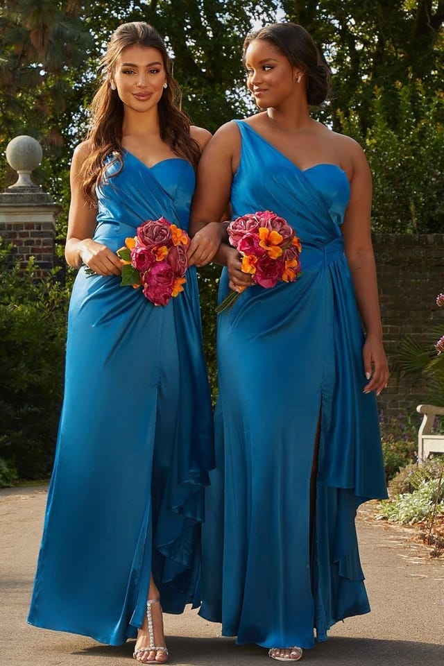 chi chi london Chi Chi London Women's One Shoulder Satin Finish Maxi Dress in Teal - 2