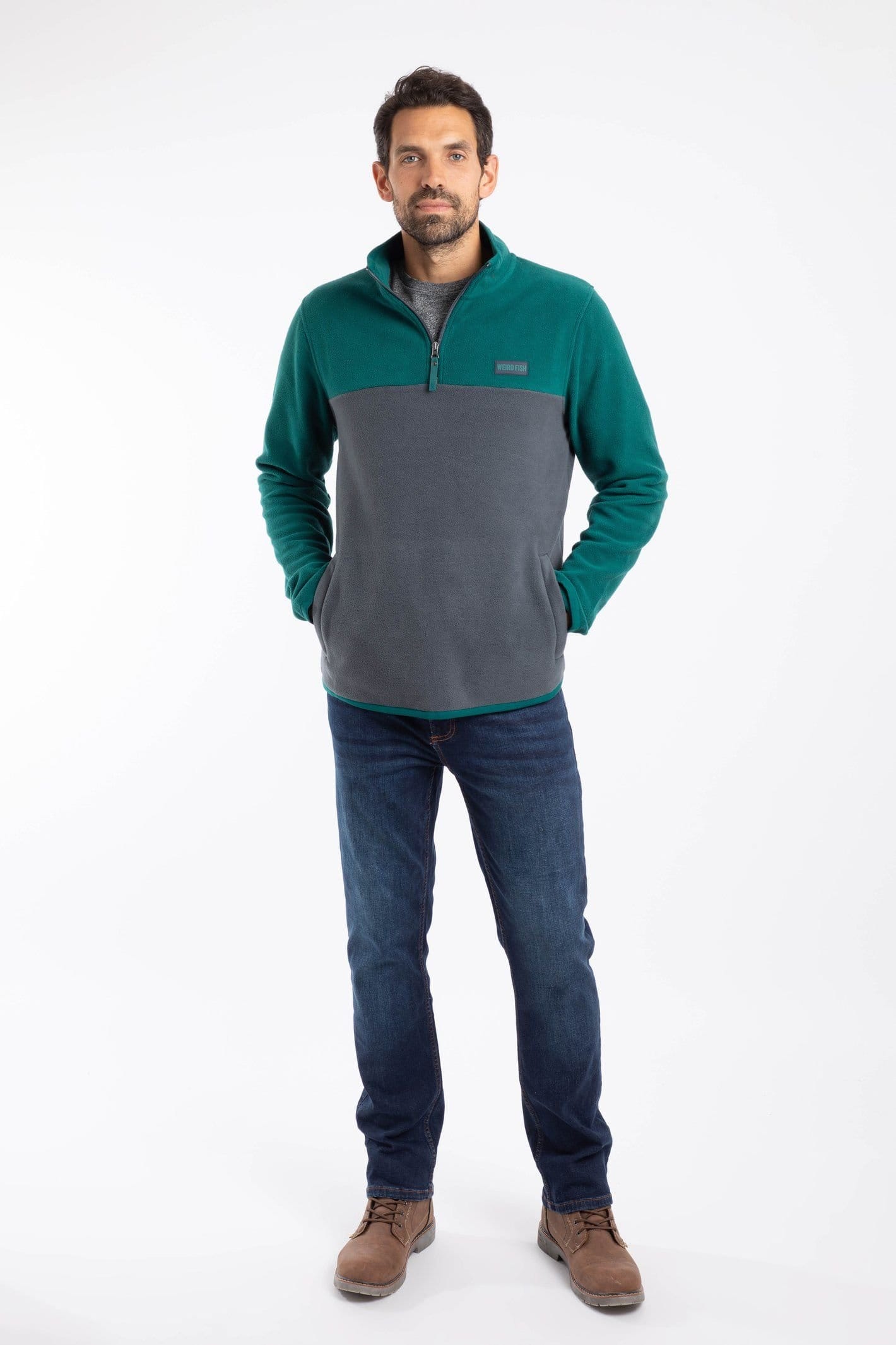 Weird Fish Weird Fish Men's Tristan 1/4 Zip Colour Block Microfleece in Bottle Green - 4
