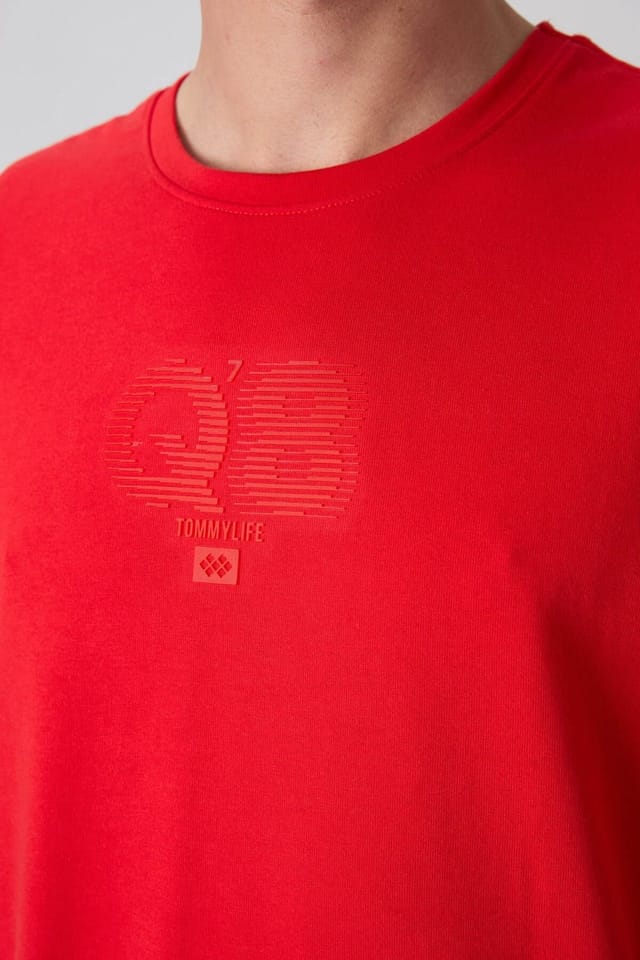 Tommy Life Tommy Life Men's Oversized Printed Logo Crew Neck T-Shirt in Red - 3