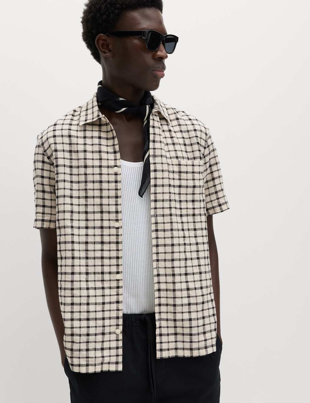 Marks & Spencer M&S Linen Rich Check Short Sleeve Shirt Ecru Mix - 1